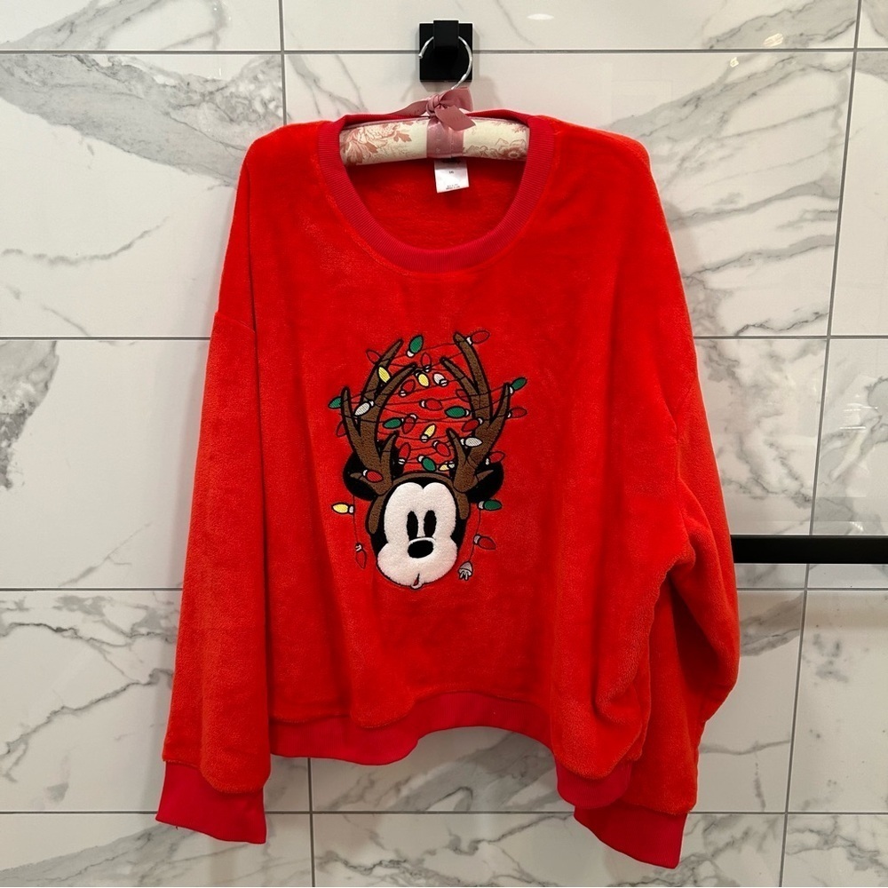 Disney Christmas Mickey Mouse Reindeer Antlers Fuzzy Sweater Red Women's 2XL